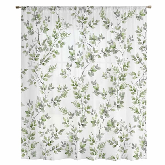 Green Leaves Sheer Curtains 45 Inches Long, Summer Botanical Elegant Farmhouse Light Filering Curtains, Breathable Simi Curtain Privacy Drapes for Kitchen Bathroom Lightweight Small Window Treatment