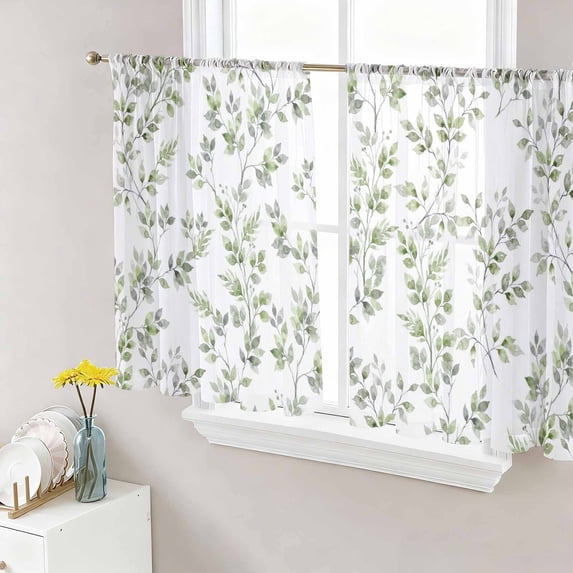 Green Leaves Sheer Curtains 54 Inch Length 2 Panels Set Window Treatments, Summer Botanical Elegant Farmhouse Rod Pocket Semi Curtains for Living Room/Bedroom/Kitchen Décor, 104"W x 54"L
