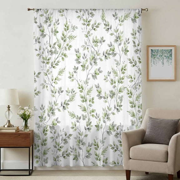 Green Leaves Sheer Curtains 54 Inches Long for Bedroom, Summer Botanical Elegant Farmhouse Light Filtering Privacy Drapes, Breathable Semi Sheer Window Treatment for Bathroom Dining Room Kitchen