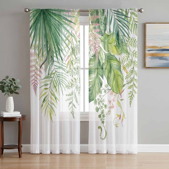 Green Leaves Sheer Curtains 72 Inches Long 2 Panels Set, Window Sheer Curtains for Living Room/Bedroom, Summer Botanical Watercolor Leaf Light Filtering Rod Pocket Curtain 52''x72''x2