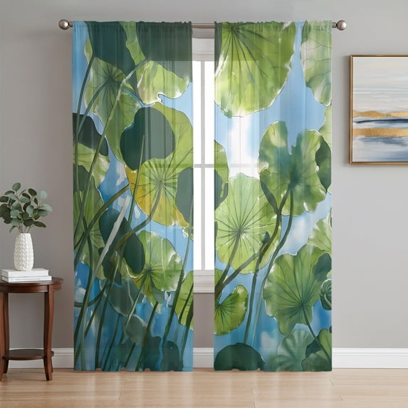 Green Leaves Sheer Curtains 84 Inch Length 2 Panels Set, Watercolor Summer Botanical Leaf Voile Window Treatment Rod Pocket Curtains Sheers Drapes for Bedroom/Living Room/Kitchen 52"x84"x2