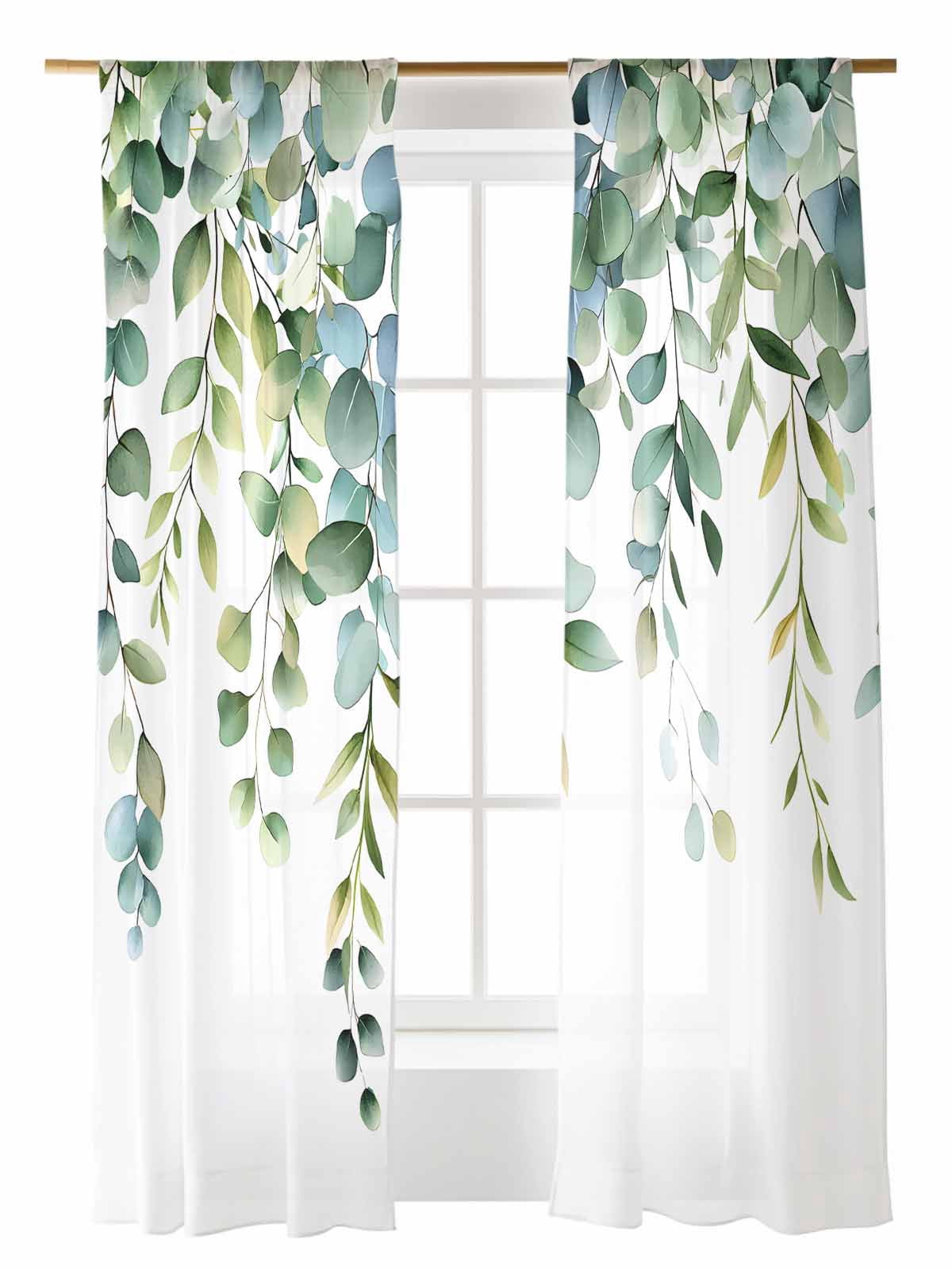 Green Leaves Sheer Curtains 84 Inch Long 2 Panels, Eucalyptus Leaf ...