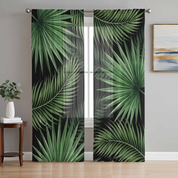 Green Leaves Sheer Curtains 96 Inch Length 2 Panels Set, Summer Country Botanical Tropical Plants Voile Window Treatment Semi Sheer Long Curtains Drapes for Bedroom/Living Room/Kitchen 52"x96"x2