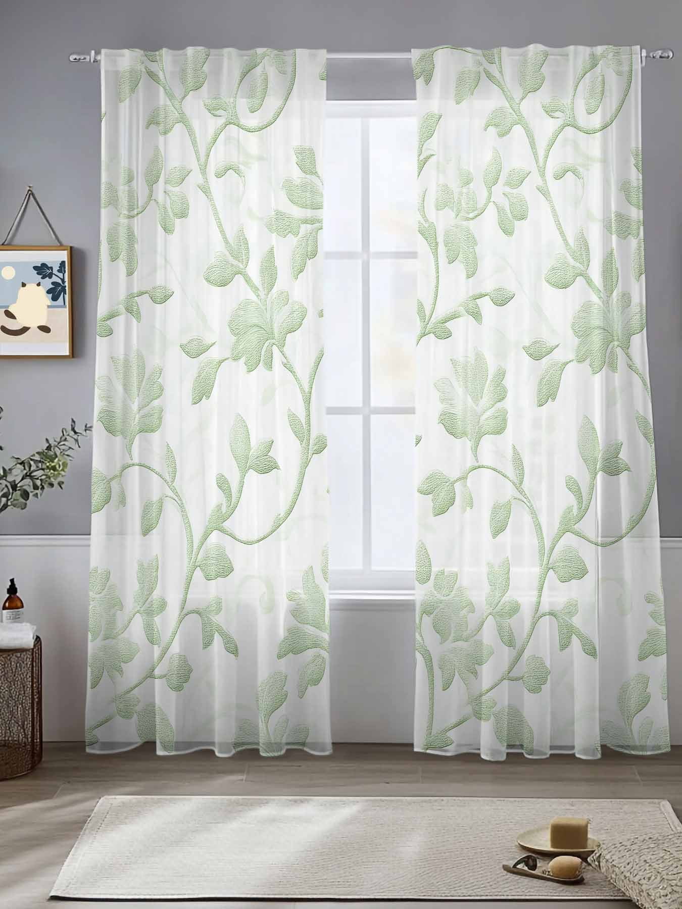 Green Leaves Sheer Curtains for Living Room Bedroom Farmhouse Pastoral