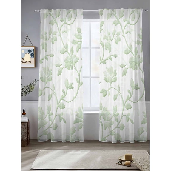 Green Leaves Sheer Curtains for Living Room Bedroom Farmhouse Pastoral Botanical Vines Ethnic Sheer Curtains 96 Inch Long 2 Panels Set Light Filtering Curtain Window Treatments Drapes for Dining Room