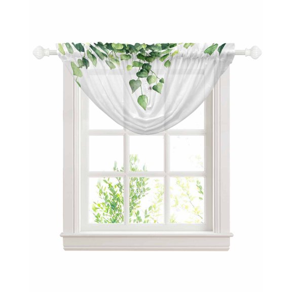 Green Leaves Sheer Waterfall Valance Curtains for Window, Pastoral Spring Nature Vines Aesthetic Rod Pocket Sheer Topper Swag Curtains for Living Room, Kitchen 38.5"W x 47.2"L, 1 Panel