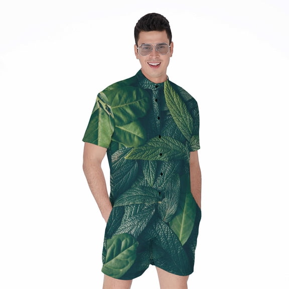 Green Leaves Short Sleeve Men'S Rompers Casual Summer Jumpsuits Outfit