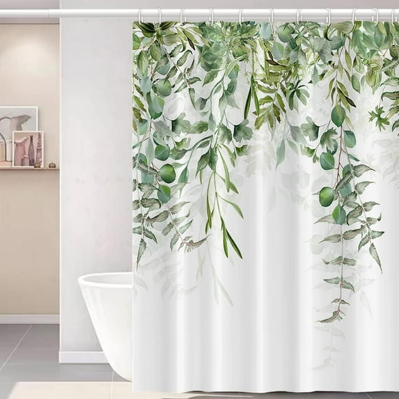 Green Leaves Shower Curtain for Bathroom Abstract Hanging Botanical Plants Eucalyptus Room Partition Bathtub Decor Sage Green Leaves Waterproof Fabric Shower Curtains with Hooks 72x72 Inches