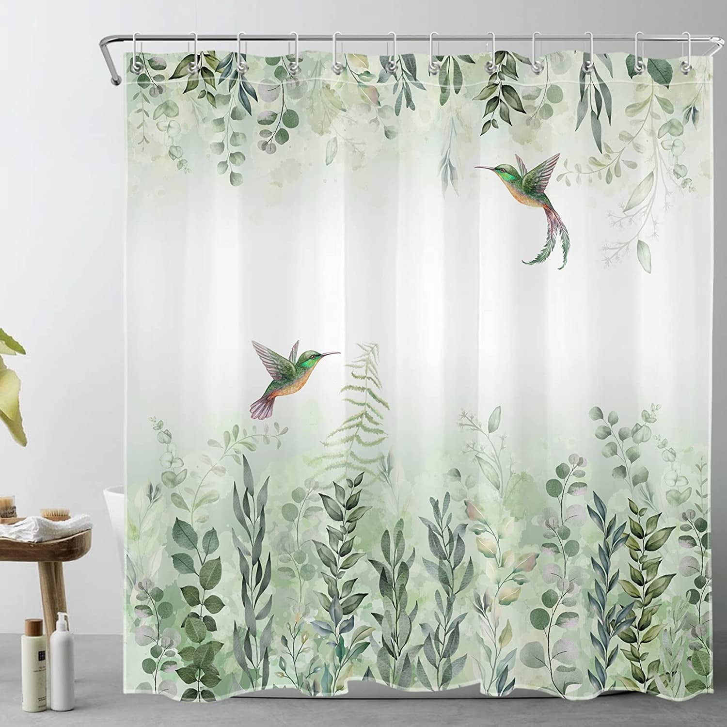 Green Leaves Shower Curtain Eucalyptus Hummingbird Bird Shower Curtains White Green Leaf Botanical Plant Floral Cottagecore Aesthetic Bathroom Curtain 12 Hooks Durable Fabric 72X72Inches