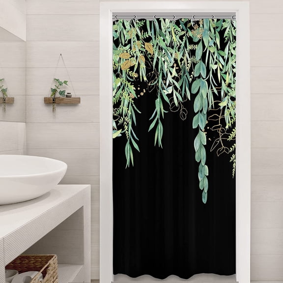 Green Leaves Shower Curtain Eucalyptus Nature Plants Bouquet 36Wx72H Inch Black Gold Organic Botanical Fabric Decor Bathroom Polyester Waterproof 7 Pack Hooks