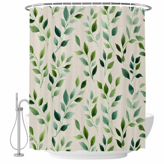 Green Leaves Shower Curtain Set - Long 72" x 84" Washable Bathtub Curtain with 12 Hooks, Watercolor Spring Botanical Country Beige Waterproof Fabric Stall Shower Curtains for Bathroom/Bathtub Décor