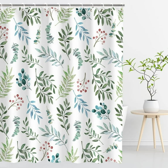 Green Leaves Shower Curtain, Shower Curtains Set for Bathroom, Waterproof Fabric Bath Curtain with Hooks, 72x84 Inch, Decorative Watercolor Green Leaves Red Cherry