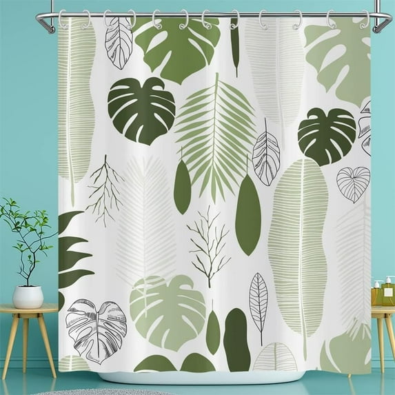 Green Leaves Shower Curtain, Tropical Palm Leaf Shower Curtains for Bathroom Abstract Plants Pattern Botanical Bath Curtain Waterproof Fabric with Hooks, 72Wx72H