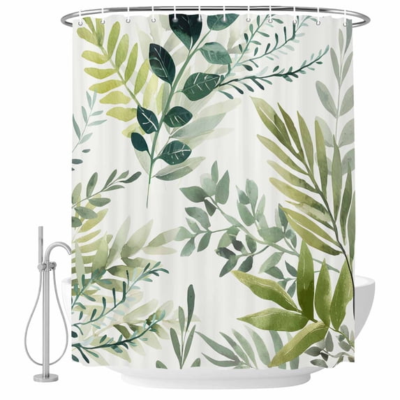 Green Leaves Shower Curtain, Waterproof Shower Curtains for Bathroom, Summer Botanical Farmhouse Watercolor Leaf Washable Fabric Bathtub Curtain Set Bath Decor with 12 Hooks Stall 36"x72"