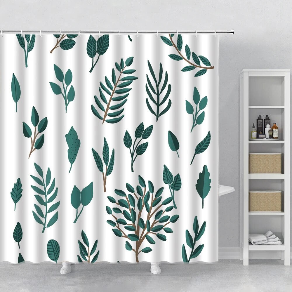 Green Leaves Shower Curtain Waterproof Tropical with Fabric Curtain for