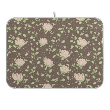 Green Leaves Small Roses Dish Drying Mat 16x18 Absorbent Microfiber Draining Rack Pad for Kitchen Counter Sink