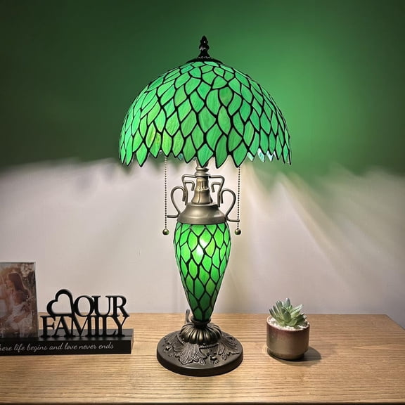 Green Leaves Stained Glass Table Lamp Stained Glass Shade And Base for Living Room Bedroom Bedside 12"W*12"D*22"H