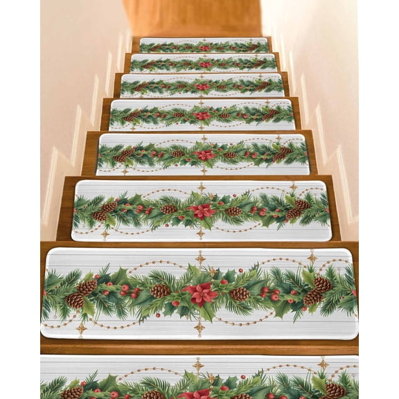 Green Leaves Stair Treads for Wooden Steps Indoor Runner Rug Carpet, Christmas Pine Cone Xmas Flowers Wood Grain 4 Pieces Peel and Stick Staircase Step Treads Covers Washable Throw Door Mats, 30"x8"