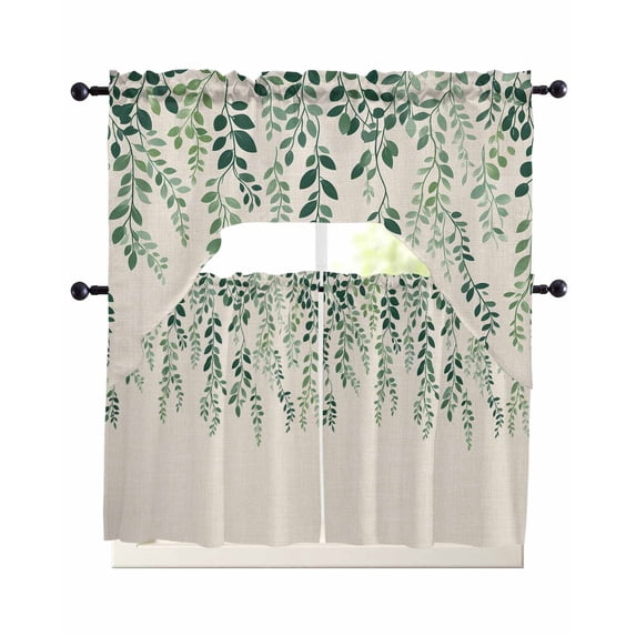 Green Leaves Swag Curtains for Living Room/Bedroom Windows, Vintage Watercolor Farmhouse Vines Plants Kitchen Curtains and Valances Set 36 Inch Length, Light Filtering Swags Valance Curtain Panels