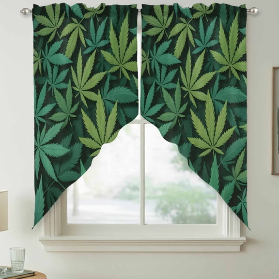 Green Leaves Swag Kitchen Curtain Valances, Vintage Abstract Dark Green Greenery Dense Vegetation Rod Pocket Curtains Window Treatment Decor Valances for Bedroom Bathroom, 2 Panels 28 x 36 Inch
