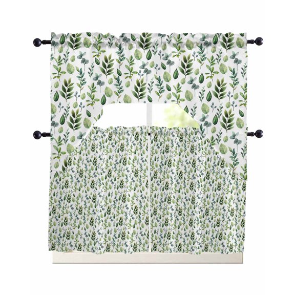 Green Leaves Swag Kitchen Curtains Sets for Windows 24 Inch Length, Pastoral Rustic Botanical Plant Watercolor Short Window Curtain Panels Swags Valances and Tiers 3 Piece Set for Cafe/Dining Room