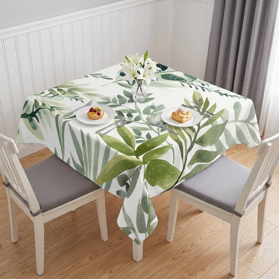 Green Leaves Table Cloth Waterproof Tablecloths, Summer Botanical Farmhouse Watercolor Leaf Tablecloth Dining Table Cover for Kitchen Party Tabletop Outdoor, Square Tablecloth 54x54 Inch
