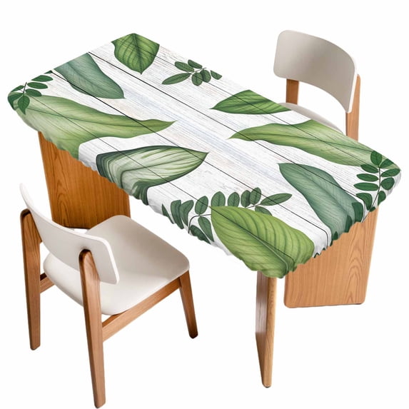 Green Leaves Table Cloths for 6 Foot Rectangle Tables, Tropical Summer Botanical Watercolor Elegant Wooden Patio Waterproof Elastic Fitted Tablecloths, Washable Rectangular Table Cover for Camping