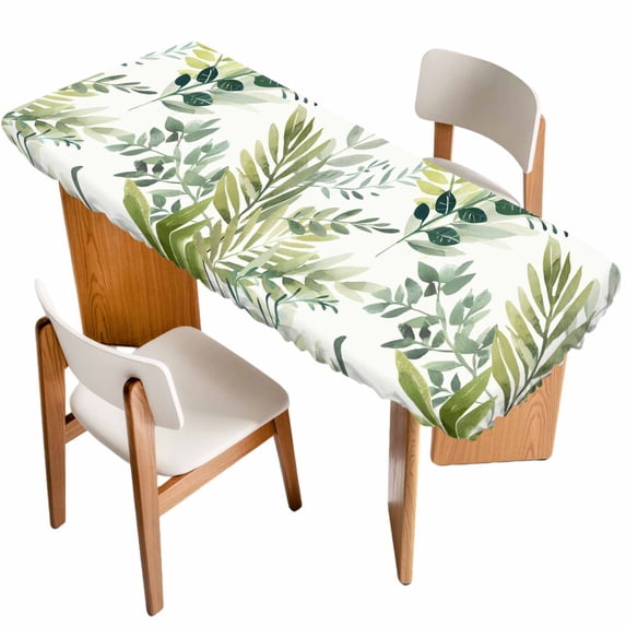 Green Leaves Table Cloths for 8 Foot Rectangle Tables, Summer Botanical Farmhouse Watercolor Leaf Patio Waterproof Elastic Fitted Tablecloths, Washable Rectangular Table Cover for Camping