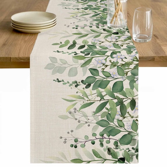 Green Leaves Table Runner - 48 Inch Long Summer Botanical Cotton and Linen Blended Dress Scarves Farmhouse Table Runner for Kitchen Dining, Coffee Table, 13" x 48"