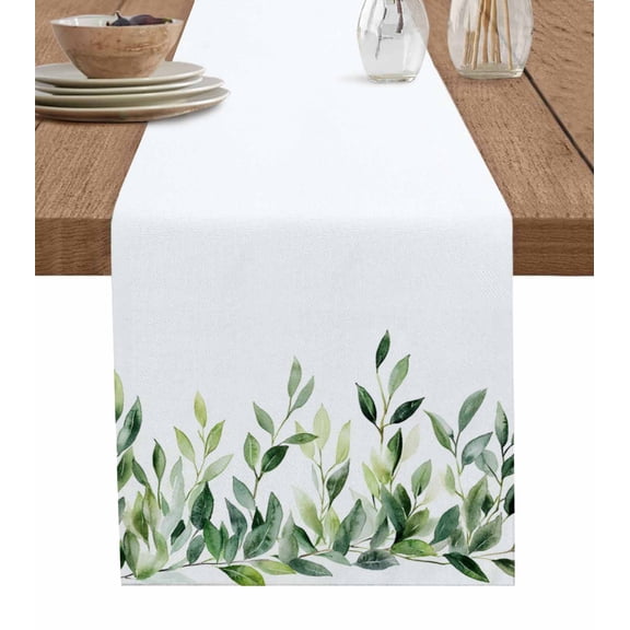 Green Leaves Table Runner 48 Inches, Farmhouse Simple Botanical Plants Leaf Bed Runner Dresser Scarves Tabletop for Indoor Outdoor Parties/Ceremony/Banquet, 13" x 48"