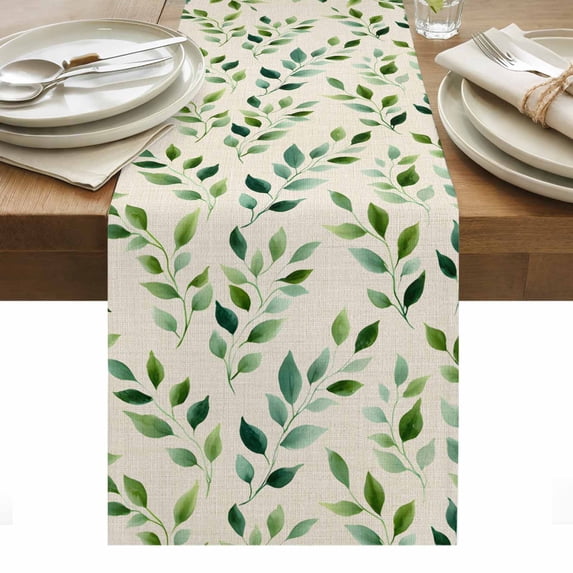 Green Leaves Table Runner - 70 Inch Long, Kitchen Dining Table Runner Dresser Scarves, Watercolor Spring Botanical Country Beige Farmhouse Decor for Coffee Tables Wedding Party Banquet