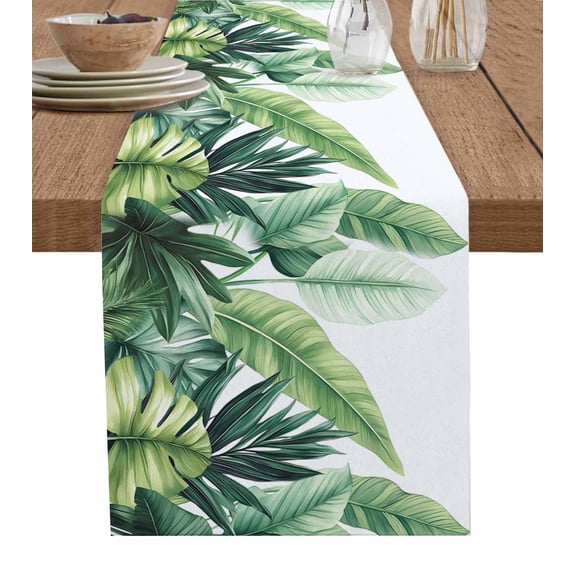 Green Leaves Table Runner Cotton Linen 108 Inch Holiday Dresser Scarves, Rustic Summer Botanical Tropical Plants Tablerunner for Kitchen Coffee Dining Bedroom Dinner Scarf Décor 13''x108''