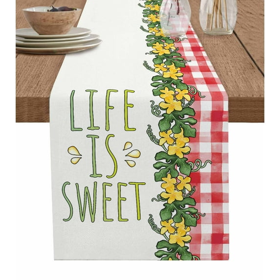 Green Leaves Table Runner Cotton Linen 36 Inch Holiday Dresser Scarves,Flowers Red Check Country Retro Pastoral Tablerunner for Kitchen Coffee Dining Bedroom Living Room Dinner Scarf Décor 13''x36''