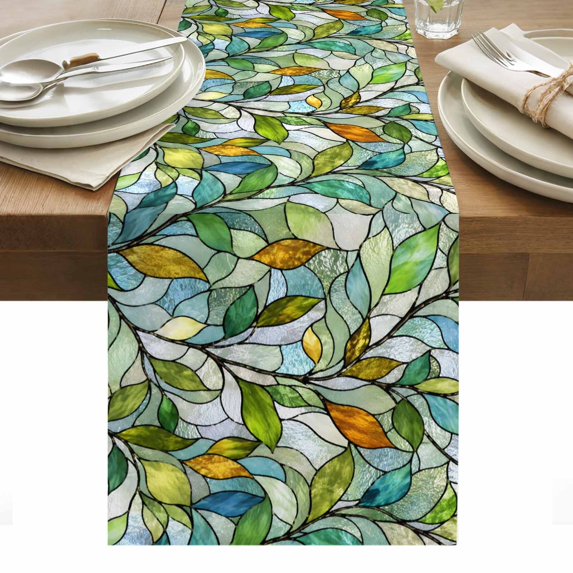 Green Leaves Table Runner Stained Glass Chic Botanical Branches Tablerunners 13 x 70 Inch, Table Decorations Tabletop Scarf for Summer Gathering Holiday Farmhouse Kitchen Dining Decor