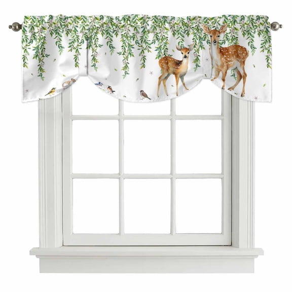 Green Leaves Tie Up Valance Curtains Watercolor Falling Green Leaf Floral Plant Deer Birds Adjustable Light Filtering Tie Up Valance Small Window Shade for Kitchen Bedroom Cafe 42" W x 12" L