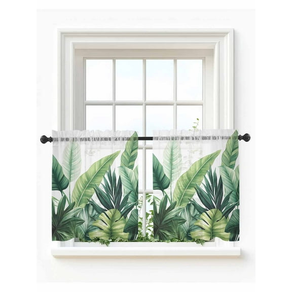 Green Leaves Tier Curtains 24 Inch Length,Sheer Curtains for Bedroom Living Room,Rustic Summer Botanical Tropical Plants Rod Pocket Voile Drapes Kitchen Curtains Small Half Window 27.5"x24" 2 Panels