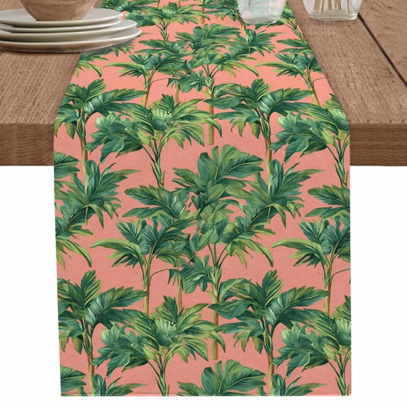 Green Leaves Tree Branch on Pink Table Runner-36 Inch Long Summer Tropical Plant Table Runners Linen Burlap Tablerunner for Kitchen Dining Room Holiday Party