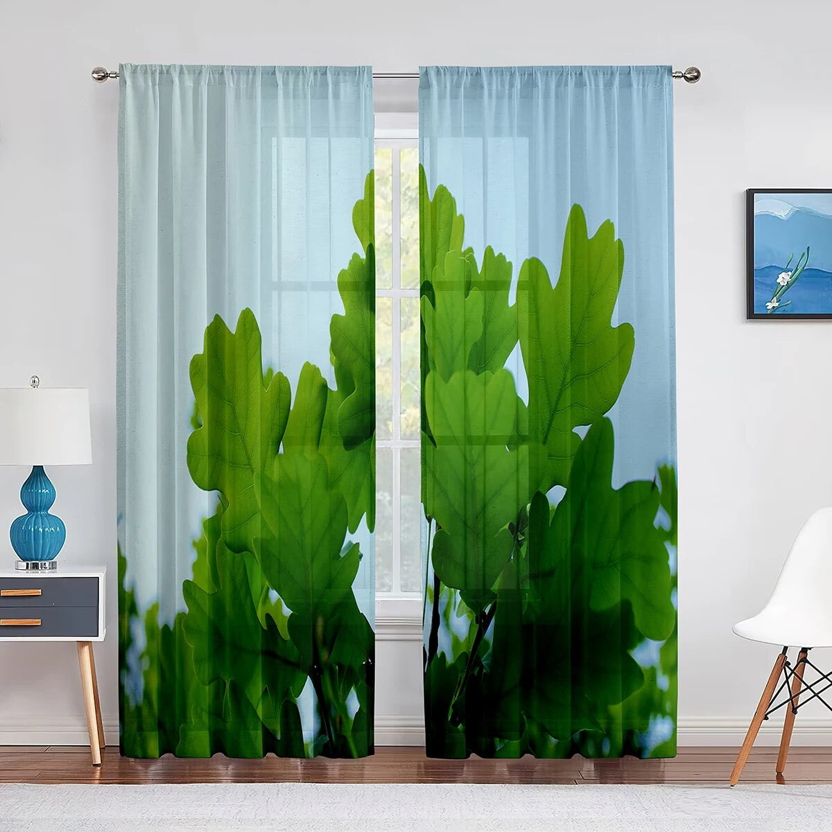 Green Leaves Tree Branch Print Chiffon Sheer Curtains for Living Room ...