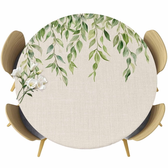 Green Leaves Vines Round Tablecloth 36-44 Inch Round Fitted Table Cloth with Elastic Edge, Vintage Country Pastoral Plants Waterproof Table Cover Protector for Outdoor Picnic Party Dining