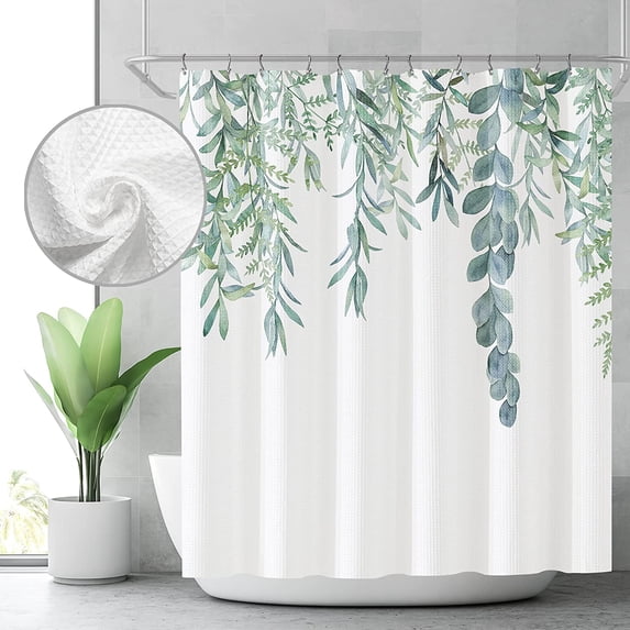 Green Leaves Waffle Shower Curtain 72Wx72H Inch Sage Bathroom Decor Watercolor Spring Nature Botanical Plants Fabric Home Bathtub Decor 12 Pack Plastic Hook