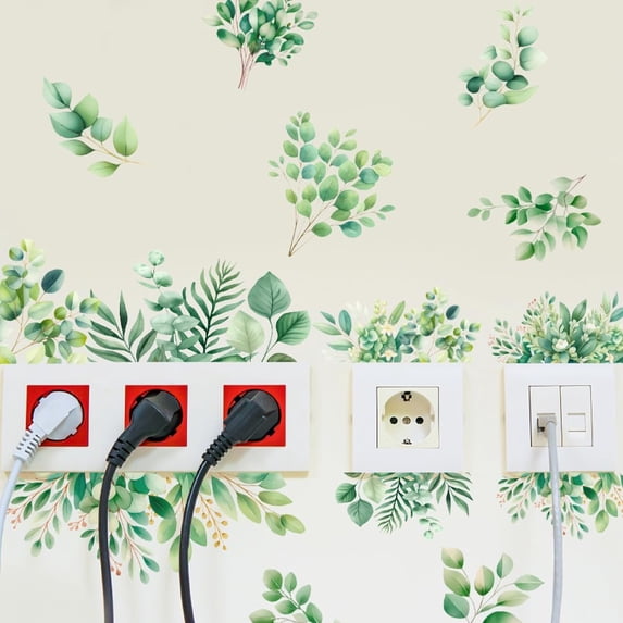 Green Leaves Wall Stickers Eucalyptus Leave Wall Decals Watercolor Plants Peel and Stick Vinyl Art for Nursery Living Room Bedroom Balcony Corridor Window TV Background Decoration