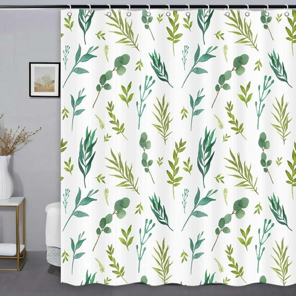 Green Leaves Waterproof Shower Curtain, Watercolor Plant Floral Eucalyptus Leaf Bathroom Shower Curtain Sets, Botanical Decor Rustic Art Boho Fabric Bath Curtain with Hooks 60"W x 72"L (Pack of 1)