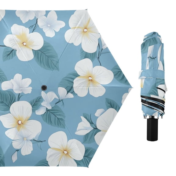 Green Leaves White Florals All Weather Umbrella Triple Folding Parasol 6 Ribs UV Protection Portable