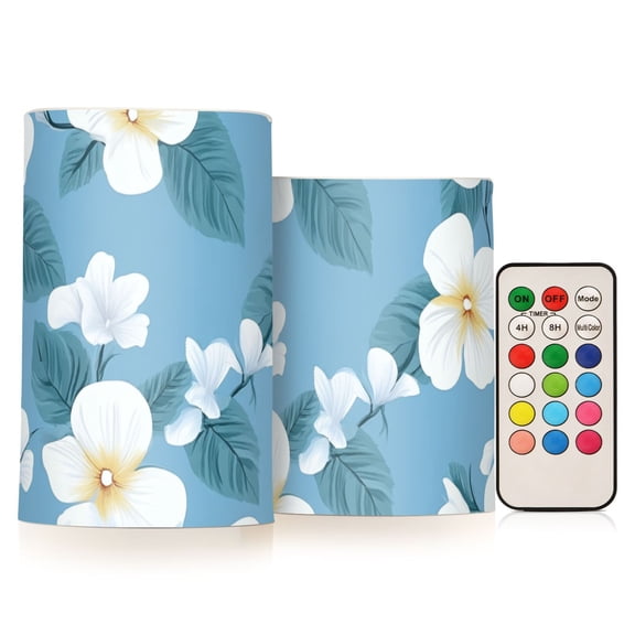 Green Leaves White Florals Flickering Flameless Candles LED Tealight Battery Operated with Remote Set of 2 Holiday Decor Ornaments