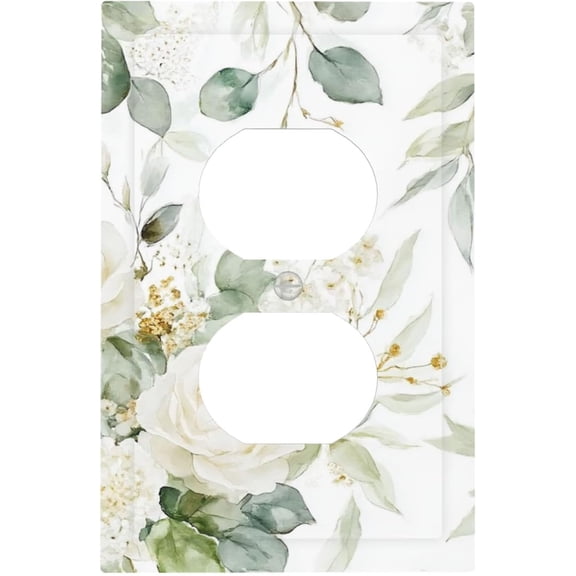 Green Leaves White Roses Watercolor Outlet Covers Bohemian Decorative Floral Outlet Wall Plates Midsize 1-Gang 5" X 3" Duplex Receptacle Plug Cover