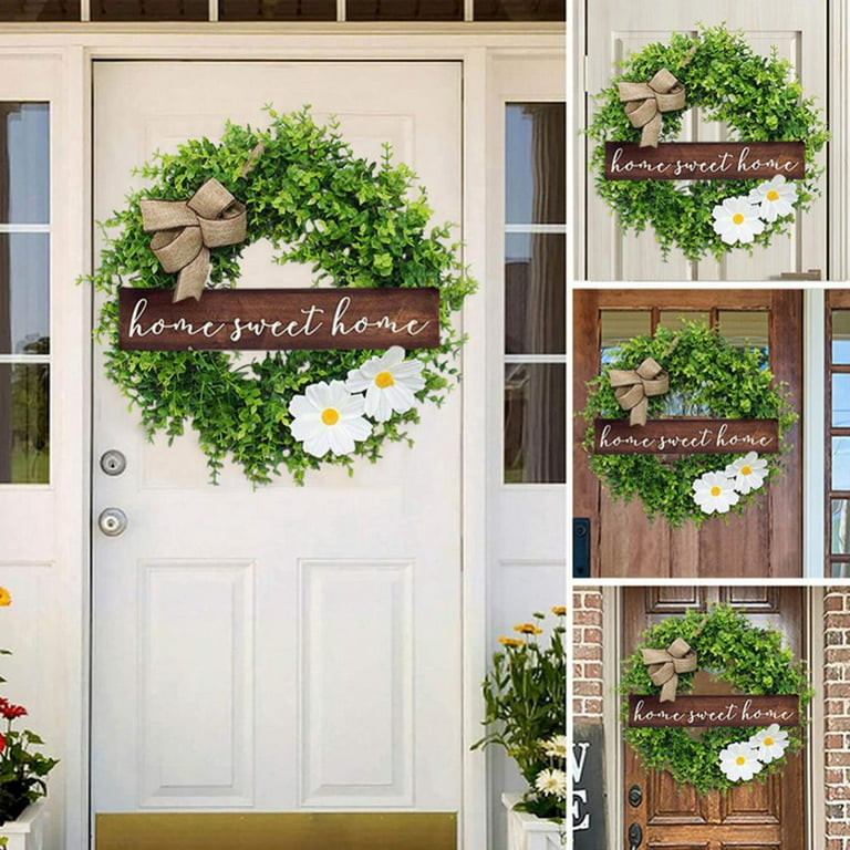 Green Wreath for Front Door Wreath Welcome Sign for Spring Summer Wreath, Home Porch Farmhouse Door Wall Window Party Decoration, Size: 15.75