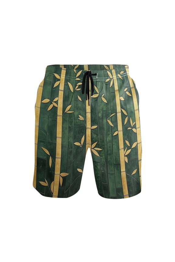 Green Leaves X-Large Size Men's Quick Dry Beach Shorts with Mesh Lining, Lightweight