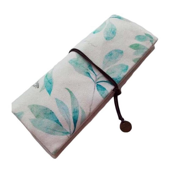 Green Leaves Zakka Cosmetic Pencil Pouch Linen Pen Case Roll up Pencil Case