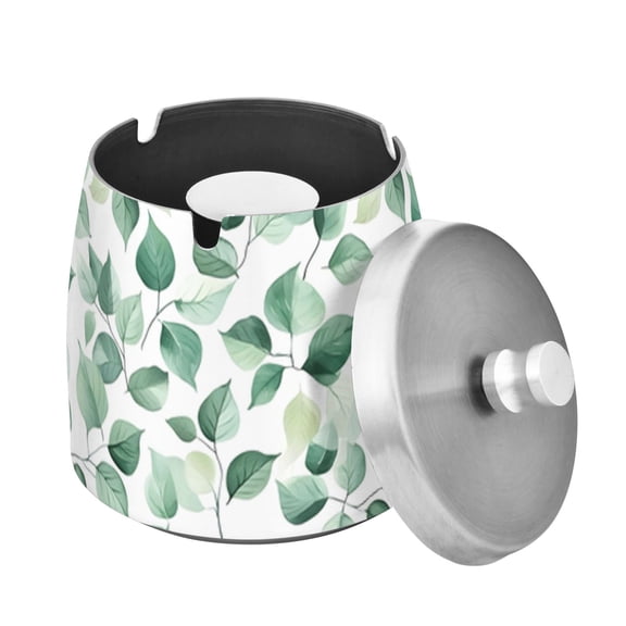 Green Leaves on White Background Ashtray with Lid Outdoor for Patio Stainless Steel Cigar Ashtray Odorless Smokeless for Home Office Balcony