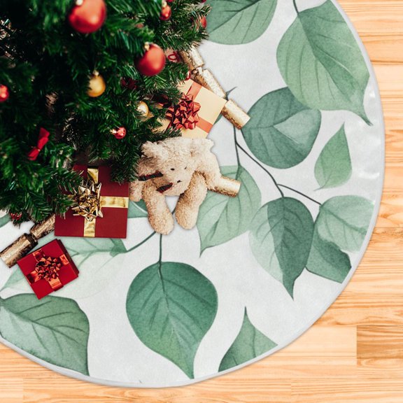 Green Leaves on White Background Christmas Tree Skirt Stand Mat Waterproof Floor Protection Mat for Holiday Decoration